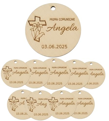 Set da 10 Segnaposto Ciondoli Prima Comunione Personalizzato in Legno