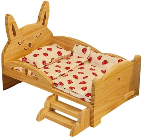 20-cm Puppen Holzbett Set mit Hasen Thema und bequemer, mit Früchten bedruckter Bettwäsche Matratze, Erdbeer Motiv, Miniatur Puppenbett mit Obst Matratze, kreative Fantasie