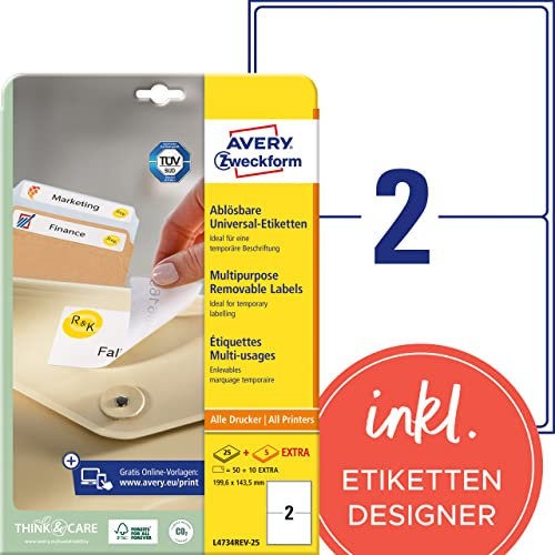 AVERY Zweckform L4734REV-25 Universal-Etiketten (50 plus 10 Klebeetiketten extra, 199,6x143,5mm auf A4, wieder rückstandsfrei ablösbar/abziehbar, bedruckbar, selbstklebende Aufkleber) 30 Blatt, weiß