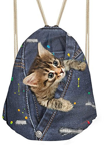 Showudesigns Denim Animal schwarz Kordelzug Tasche Outdoor Reisen Rucksack für Kinder Geschenk M cat