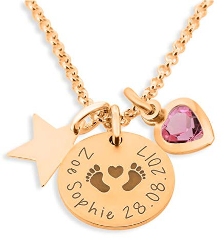 Geburtskette Babyfüße rose 925 Silber Halskette mit Gravur Gold Geburtskette Baby Mama Geschenk Schmuck Namen Stern Herz Namensschmuck | HANDMADE IN GERMANY