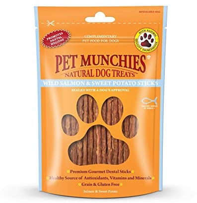 Pet Munchies Wild Salmon and Sweet Potato Dog Treats, Healthy Grain Free Dental Sticks with Natural Real Meat 90g
