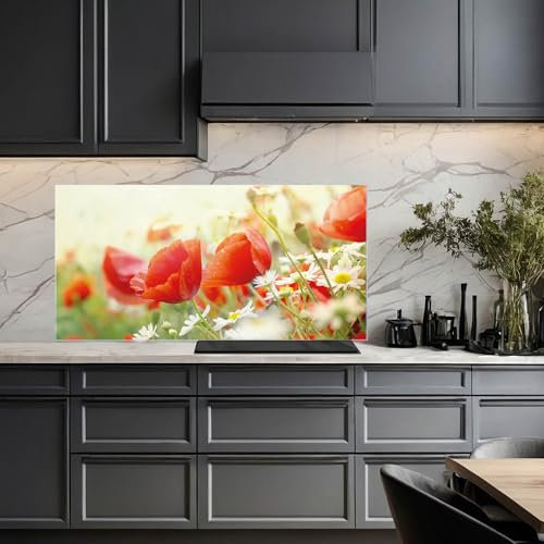banjado Küchenrückwand Glas ohne Bohren 110x55cm – Glasrückwand Küche mit Motiv Kamille & Mohn/Spritzschutz Küchenrückwand Glas/selbstklebende Küchenrückwand Platte - magnetisch & beschreibbar