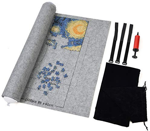 LUUFAN Jigsaw Puzzle Roll Up Mat, Puzzle Saver Store Up to 1500 Pieces Felt Puzzle Mat with Inflatable Tube, 3 Elastic Fasteners, Bonus Premium Pump and Storage Bag (46x26in-Grey)