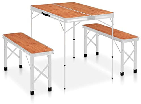 vidaXL Campingtisch Klappbar mit 2 Sitzbänken Gartenbank Bank Sitzgruppe Koffertisch Gartentisch Klapptisch Picknicktisch Aluminium Braun