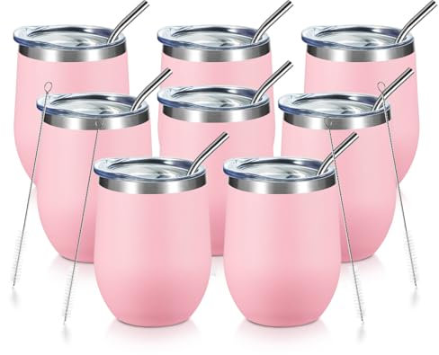 COMOOO Stainless Steel Wine Tumbler Glass Bulk with Lid and Straw 12oz Double Wall Vacuum Insulated Travel Tumbler Cup Stemless for Hot and Fred Drinks, Caffè, Wine, Cocktails (Light Pink 8)