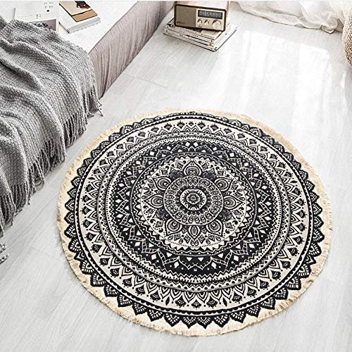 Lanqinglv Bohemian Teppich Rund 90cm Indische Mandala Muster Baumwolleteppich Leinen Handgemachte Weben mit Quaste Teppiche Schwarz Dekorative Wohnzimmer Kinderzimmer Modern Teppich Rund