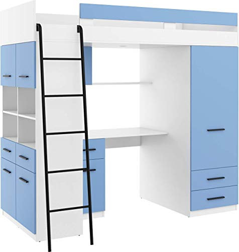 FurnitureByJDM Hochbett mit Schreibtisch, Schubladen, Kleiderschrank und Bücherregal - Platzsparendes Loftbett (120x206x188 cm) - Kinderbett 90x200 Bettgröße - Linke Leiter - Level (Weiß/Himmelblau)