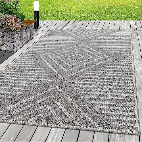 SIMPEX Outdoor Teppich, Gestreift Design, Grau, 120 x 170 cm, Boho-Stil, für Küche, Balkon, Terrasse, Garten, Picknick