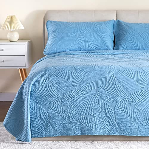 Threads For Bed® 3 Teilige Stickerei Tagesdecke Set, Baumwolle Gefüllte Überwurfdecke, Premium Dünne Bettdecke Wohndecke Sofaüberdwurf, Blau, Blätter, 1 Bettüberwurf 220x240 + 2 Kissenbezüge 40x80