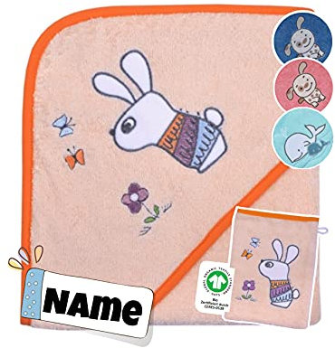 Baby Kapuzenhandtuch Set mit Waschlappen | 100% Bio Baumwolle | Baby Handtuch 80 x 80 cm Kapuzenbadetuch | personalisiert | Baby Badetuch Bestickt mit Namen | Baby Erstausstattung (Hase rosé)