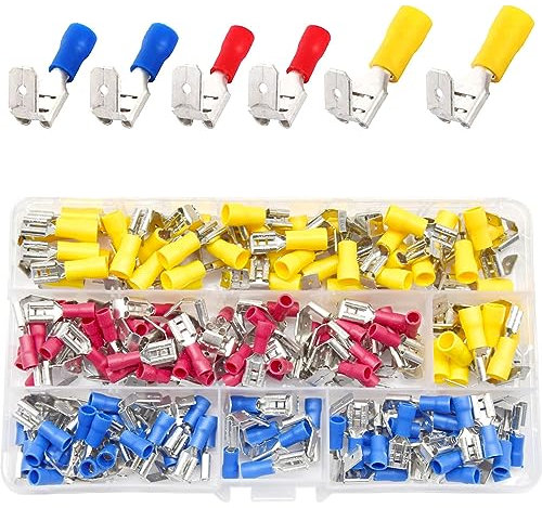 CEEYSEE 150x Halbisoliert Huckepack Splice PVC Spade Elektrische Draht Crimpverbinder Kabelschuhe für 0.5-6 mm² Kabel Rot,Blau,Gelb(DPJZ)