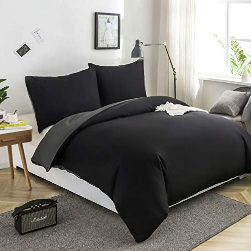 AYSW Bettwäsche gebürstet Microfaser 1 Bettbezug 200x200cm + 2 Kopfkissenbezug 80x80cm mit Reißverschluss Schwarz/Grau