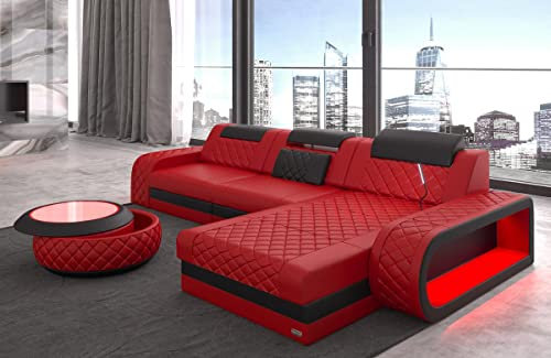 Sofa Berlin L Form Ecksofa Leder mit LED Licht Ledersofa Ottomane Couch mit Kopfstützen (Ottomane rechts, Rot-Schwarz)