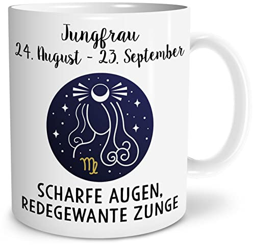 OWLBOOK® Jungfrau Sternzeichen Tasse mit Spruch mit Sternzeichen zum Geburtstag Keramik 300 ml