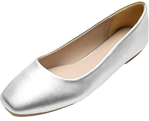ANUFER Women's Ballet Flats Square Toe Microfiber Leather Slip-on Dress Pumps Shoes Silver Matte SN0707127 UK6