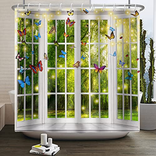 SDOTPMT 90x180cm Vista de la Ventana de Primavera Cortina de baño Mágico Bosque Verde Cortina de baño Blanca Mareos de Mariposa Psicodélicos de Colores, Cortinas de baño de Hadas del Sol con Gancho