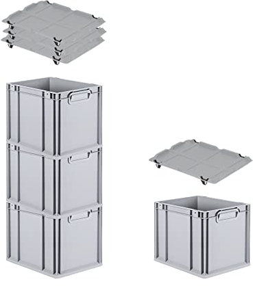 PROREGAL SuperSparSet 4x Eurobox NextGen Grip mit Auflagedeckel & 4 schwarzen Schiebeschnappverschlüssen, HxBxT 32x30x40cm, 30 L, Grau, Griffe geschlossen, Eurobehälter, Transportbox