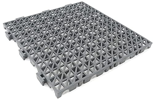 24 Dalles PVC Renforcées Gris ≈2,6m² Anti-humidité Garages et Entrepôts | Sol drainant en PVC avec dalles renforcées anti-humidité et rampes. Pour débarras, caves, entrepôts et zones humides