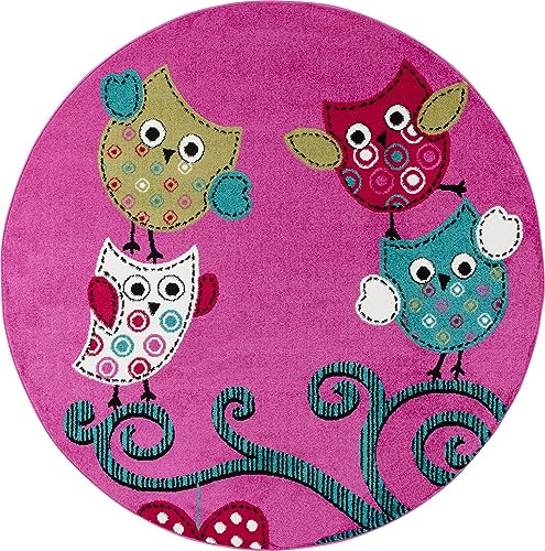 Carpetsale24 Runder Kinderteppich Eule Violett Ø160 cm – Großer Spielteppich für Mädchen – Extra Weich & Allergikergeeignet – Liebevoll fürs Kinderzimmer gestaltet