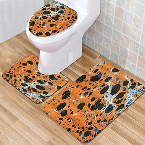 IUBBKI Badezimmermatte, rutschfeste Badematte, Punkte, Orange, Blau, dunkle Farbe, abstrakte helle Kunstwerke, Marmor, Badematten-Set, 3-teilig, saugfähig, rutschfest, Badematte, WC-Vorleger,