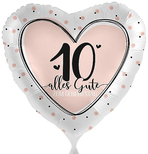 Folienballon Zahl 10 - Ballon zum 10. Geburtstag Mädchen Luftballon 10 Geburtstag Geschenk Ballon -Made in EU- Herzen Creme Rosa