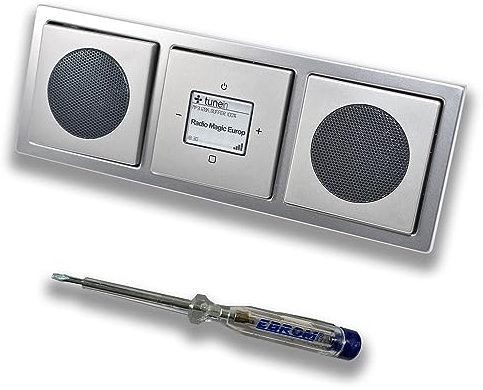 Busch Jäger iNet Internet Unterputz Radio 8216U PUR Edelstahl, Komplett-Set mit 2 x Lautsprecher, Abdeckungen und Rahmen + EBROM Phasenprüfer zur Montage der Geräte - 8216 U Internetradio