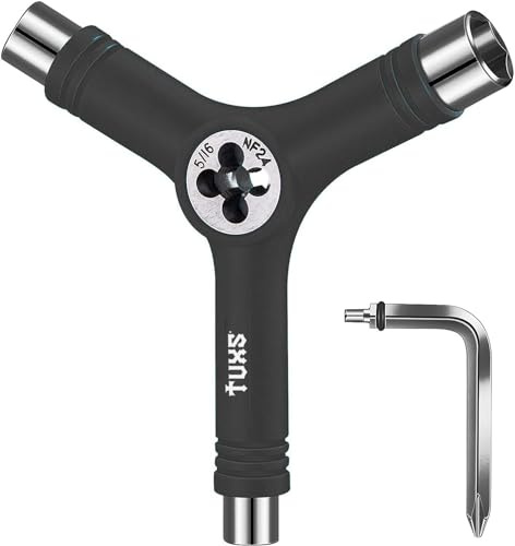 Tuxs Multifunktionales Skateboard-Tool, leicht, tragbar, mit Inbusschlüssel und Kreuzschlitzschraubendreher – passt Skates, Longboards, Skateboards, Quads, Räder, Achsen und Kingpin (schwarz)