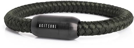 Akitsune Portus Bracelet Corde Voile | Boucle magntique Bracelet Femme Ancre Homme Maritime - Noir Mat-Olive 20cm