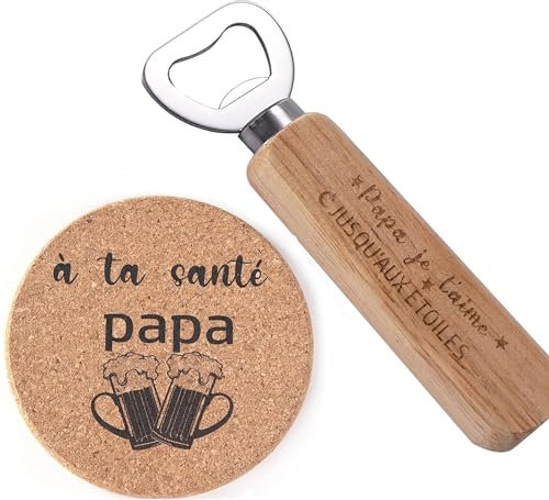 Cadeau fête des pères Papa Anniversaire Cadeau à offir à votre père Décapsuleur en Bois+dessous de verre, Cadeau Noel, Anniversaire, Fete des Pères Cadeau Homme Anniversaire Noël Naissance