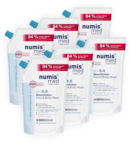 numis med Waschlotion ph 5.5 Nachfüllbeutel - 6x Hautberuhigende Körperlotion für sehr empfindliche & sensible Haut - vegane Hautpflege ohne Silikone, Parabene & Mineralöl - Lotion (6x 500 ml)