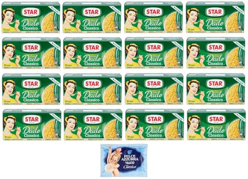 Confezione da 16 Star Il Mio Dado Classico, Preparato per brodo, scatole da 30 dadi + 1 Confezione di Talco Felce Azzurra in omaggio, Busta da 100g
