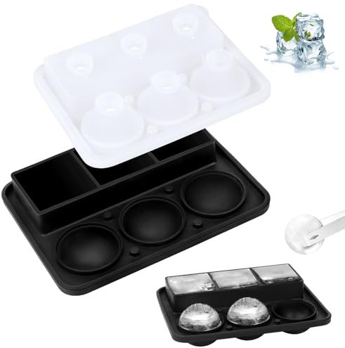 2 Stück Eiswürfelform Silikon, 3 Quadratische + 3 Runde Kugel, Große Eiswürfelform Kugel mit Deckel für Cocktails Whisky Wein Obst Fruchtpürees Eiscreme Eistee