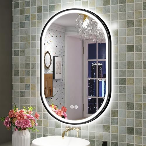 S'bagno Espejo Baño con Luz Ovalado 60x90 cm, Espejos de Baño con Led con Marco de Aluminio, Anti-Vaho, 3000-6500K, Función de Memoria, IP44 Espejo Baño Led, Horizontal/Vertical, Negro