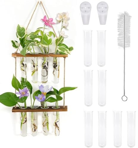 ZYFC Plant Propagation Station, Wall Hanging 2 Tiered 8 Test Tubes Propagation Station with Wooden Stand, Propagation Planters Glass Tube for Hydroponic Plant, Decor for Home Garden Office