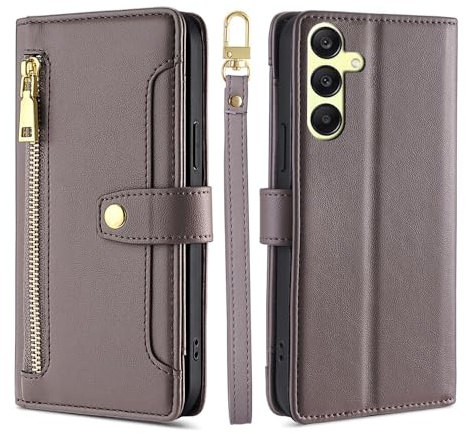 Handykette kompatibel mit Samsung Galaxy A25 | Leder Handyhülle mit Kartenfächern | Handyhülle zum Umhängen | Grau