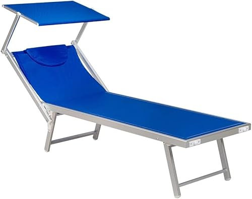 Decor Space Lettino prendisole Jesolo in alluminio e texilene per piscina e giardino con tettuccio (2, Blu con cuscino)