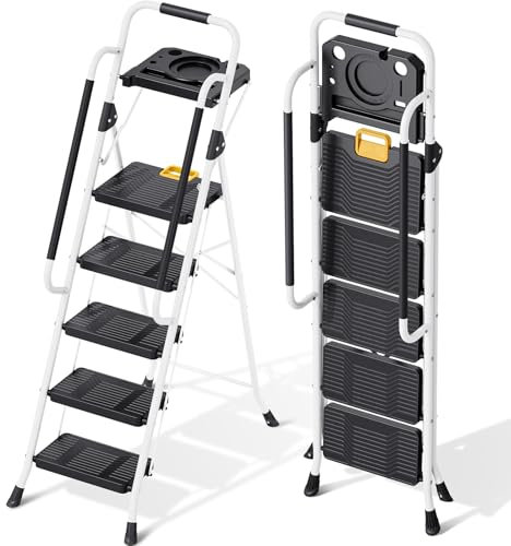 KINGRACK Trittleiter 5 Stufen klappbar, Leiter 5 Stufen 360 kg Tragfähigkeit, mit Werkzeugtray, Handlauf, für Haushalt, Garten, Malerei, Outdoor und Garagennutzung geeignete Faltbare Leiter, weiß