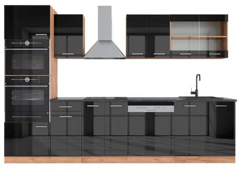 Vicco cucina componibile R-line, Antracite lucido/oro power oak, 300 cm con armadio alto, PL Antracite