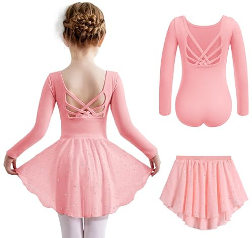 Arshiner Ballettkleidung für Mädchen Ballettkleider Kinder Baumwolle Balletttrikot Einfarbig Ballettrock Ballettanzug mit Rock Tütü Dunkel Rosa 140/5-6Jahre