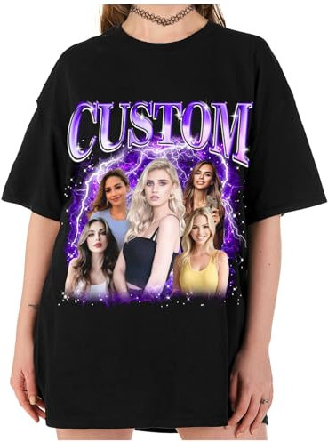 LucBuy Custom Bootleg Rap Tee Shirts, Personalized Retro Photos Text Oversized Sweatshirt, Customized Face Graphic Crewneck Casual Pullover, Vintage Drop Shoulder Loose Fan Top Hoodies Gifts (A1)