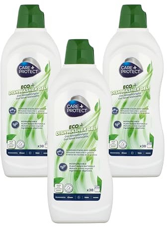 CARE + PROTECT ECO+ Dishwasher Gel, Eco-Friendly Dishwasher Detergent, Hypoallergenic, Free of Dyes and Phosphates, Degreasing and Rinsing Action, Effective in Short Cycles, Maxi Pack 3x 650 ml