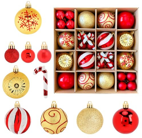 Set di 40 palline per albero di Natale, decorazioni natalizie con gancio, bastoncini di zucchero, palline di Natale, in plastica, colore rosso, bianco, oro, diametro 6 cm/3,5 cm