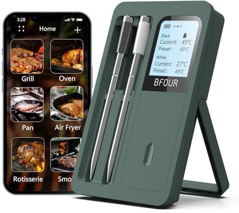 Fleischthermometer Kabelloses Bluetooth mit 2 Sonden, LCD-Display, 100m Bluetooth-Reichweite, APP-Steuerung, Grillthermometer für BBQ, Grill, Smoker, Ofen, Küche,BF-40
