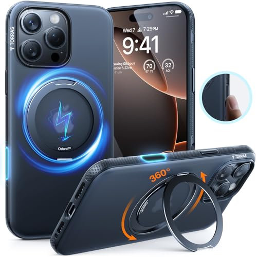 TORRAS 360° Spin Magnetic Stand for iPhone 16 Pro Case, Compatible with Magsafe,12FT Military Grade Shockproof, Slim Protective for iPhone 16 Pro Case, Matte Black