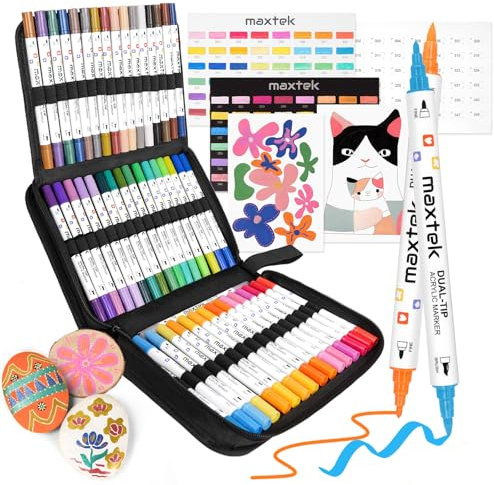 maxtek 48 Colors Acrylic Paint Markers, Dual Tip Acrylic Paint Pens with Brush Tip and Fine Tip, Acrylic Painting Pens Set with On-go Canvas Bag