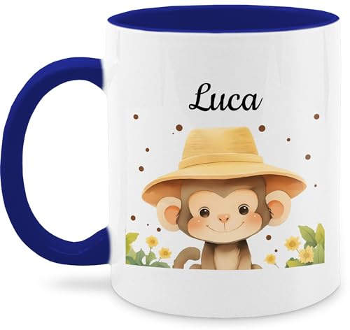 Tasse Tassen 325ml - Süßer Safari Affe personalisiert I Affen Geschenk für Kinder mit Name I Affen Liebhaber I Affenmotiv I Kindermotiv Affe I Äffchen I Monkey I Safari Tiere - 325 ml - Dunkelblau