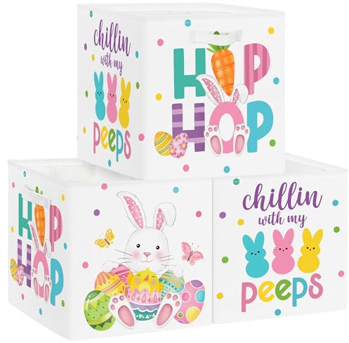 Clastyle 3 Stück Ostern Hase Kinder Aufbewahrungsbox Stoff für Kallax Faltbar Aufbewahrungskorb Klein Junge Mädchen Schrank Organizer Kleiderschrank für Regal,Weiß,30x30x30 cm