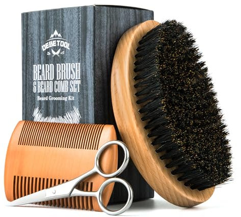 DEBETOOL Wildschweinborsten Bartbürste für Männer - Holz Bartbürste und Kamm Set mit Bartschere, Pocket Travel Herren Holz Schnurrbart Bürste für Bartpflege