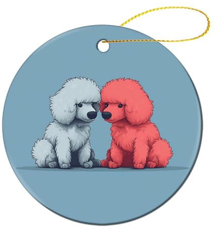 Niedlicher Pudel-Weihnachtsbaumschmuck, runde Form, Keramik, Weihnachtsbaum-Anhänger 2024, Weihnachtsbaumschmuck für Weihnachten, Familienfeier, Urlaub, dekorativ